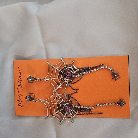 Betsey Johnson Pink and Silver Spider Web Earrings - Picture 1 of 2
